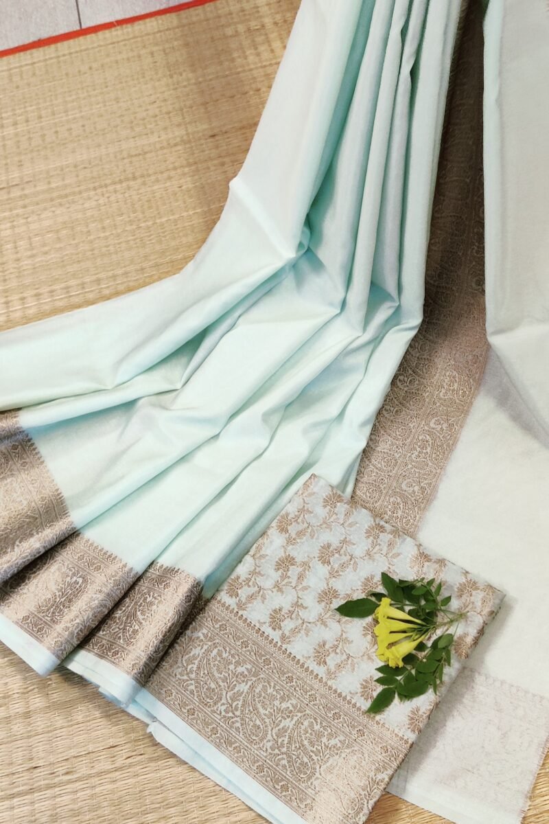 Banarasi Bloom: Pastel Mint Green Khadi Silk Saree with Muted Gold Karwa Banarasi Border - Image 5
