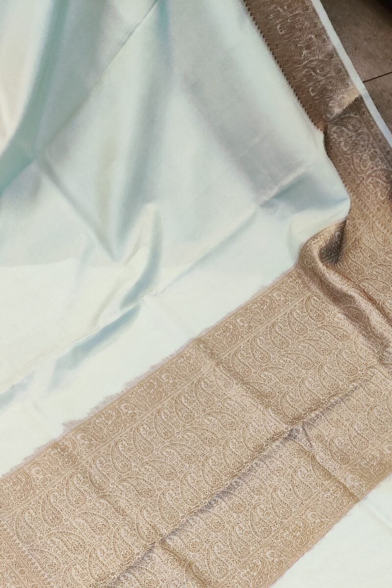 Banarasi Bloom: Pastel Mint Green Khadi Silk Saree with Muted Gold Karwa Banarasi Border - Image 6