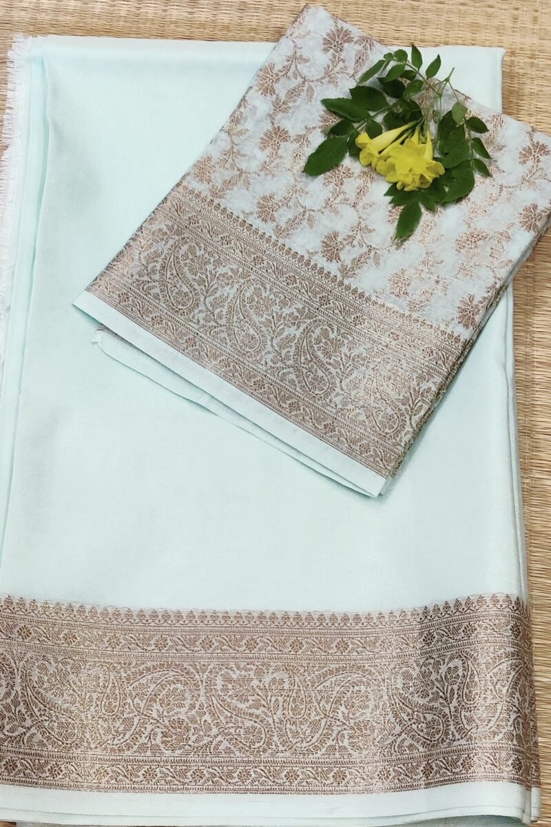 Banarasi Bloom: Pastel Mint Green Khadi Silk Saree with Muted Gold Karwa Banarasi Border