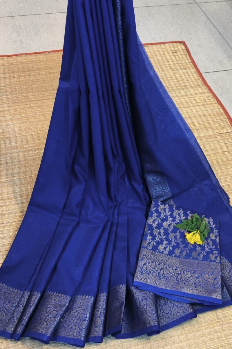 Banarasi Bloom: Ink Blue Khadi Silk Saree with Muted Gold Karwa Banarasi Border - Image 2