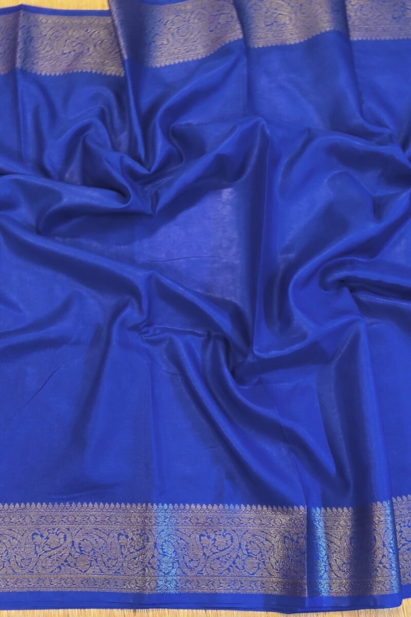 Banarasi Bloom: Ink Blue Khadi Silk Saree with Muted Gold Karwa Banarasi Border - Image 3