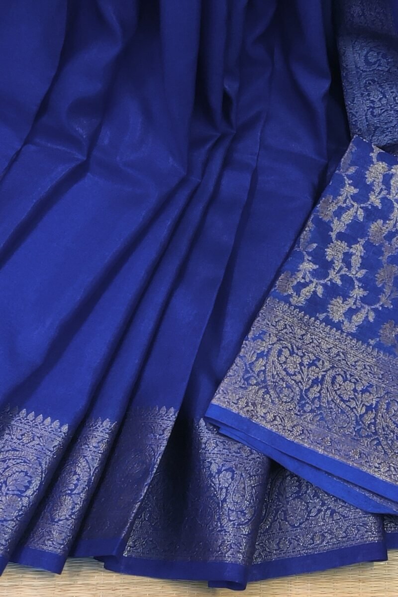 Banarasi Bloom: Ink Blue Khadi Silk Saree with Muted Gold Karwa Banarasi Border - Image 4