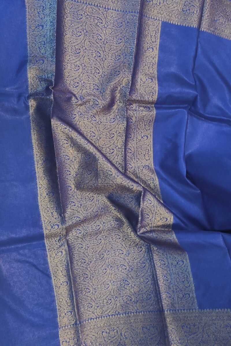 Banarasi Bloom: Ink Blue Khadi Silk Saree with Muted Gold Karwa Banarasi Border - Image 7