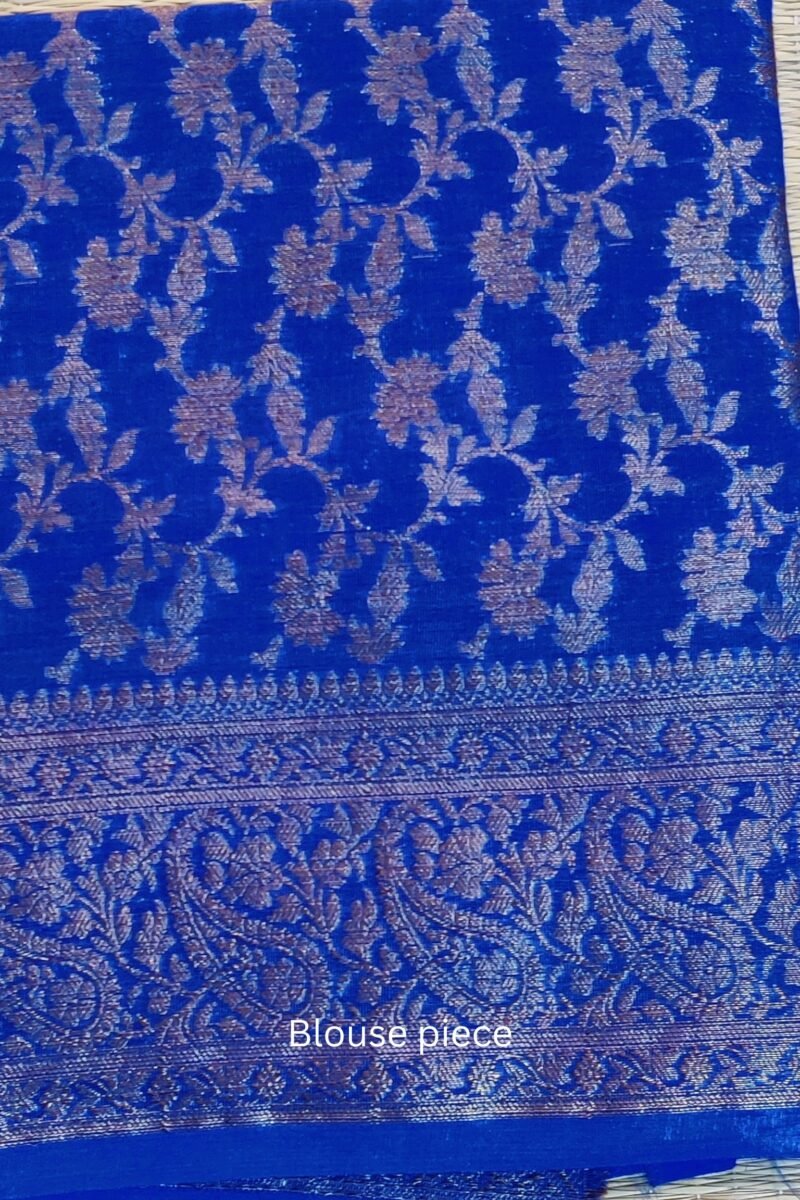 Banarasi Bloom: Ink Blue Khadi Silk Saree with Muted Gold Karwa Banarasi Border - Image 8