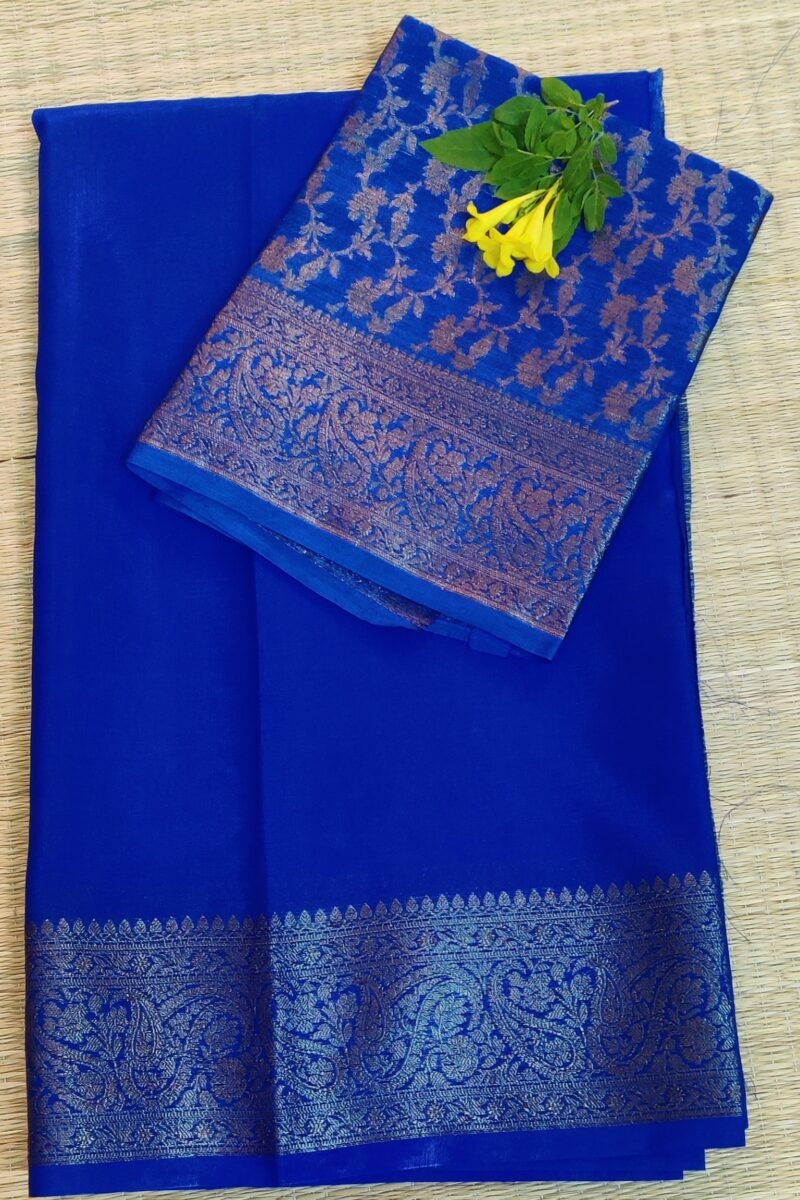 Banarasi Bloom: Ink Blue Khadi Silk Saree with Muted Gold Karwa Banarasi Border