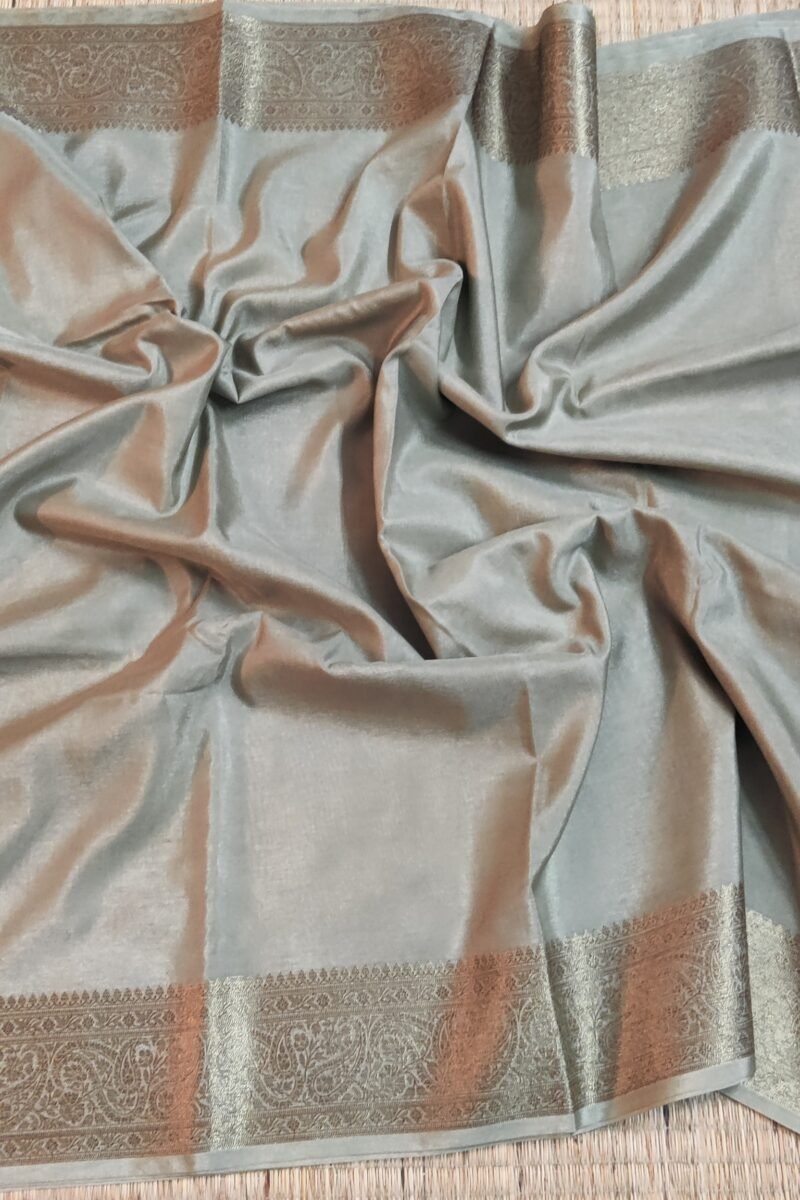 Banarasi Bloom: Pastel Olive Green Khadi Silk Saree with Muted Gold Karwa Banarasi Border - Image 3