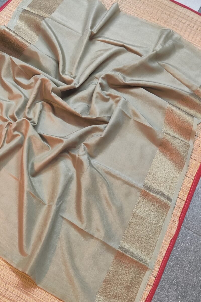 Banarasi Bloom: Pastel Olive Green Khadi Silk Saree with Muted Gold Karwa Banarasi Border - Image 4