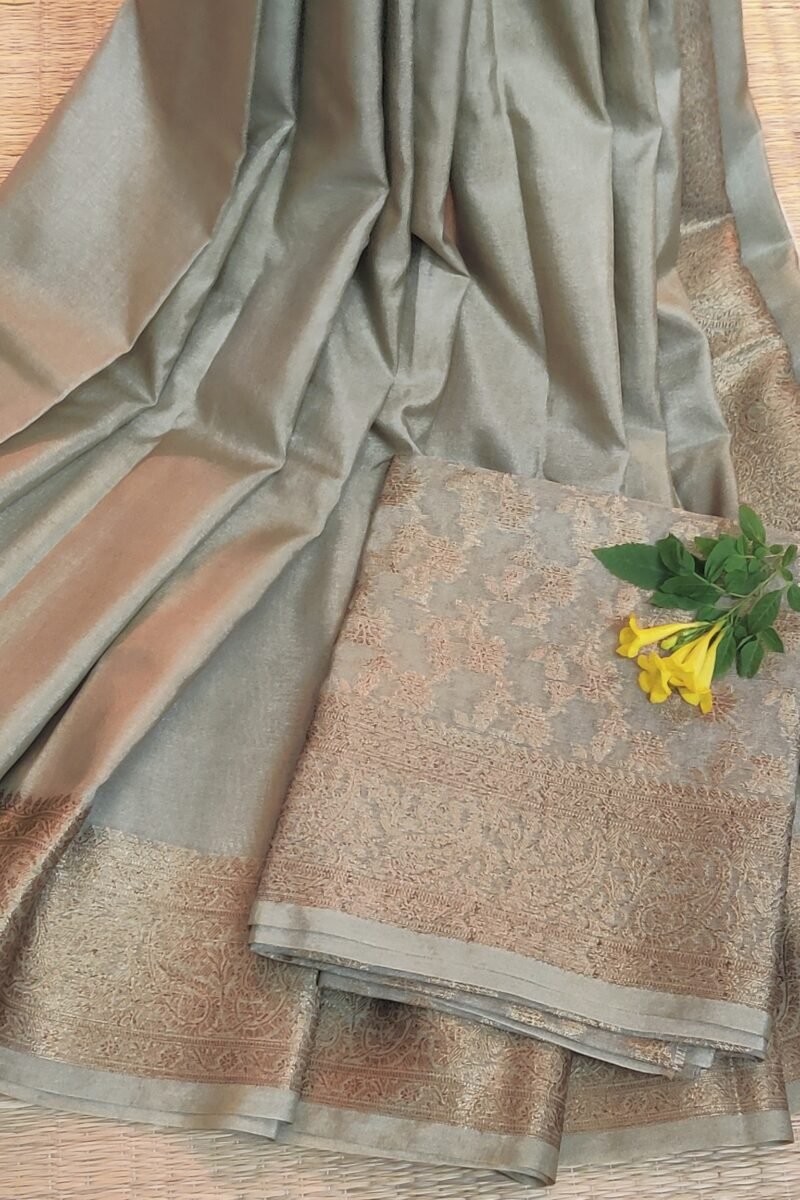 Banarasi Bloom: Pastel Olive Green Khadi Silk Saree with Muted Gold Karwa Banarasi Border - Image 5