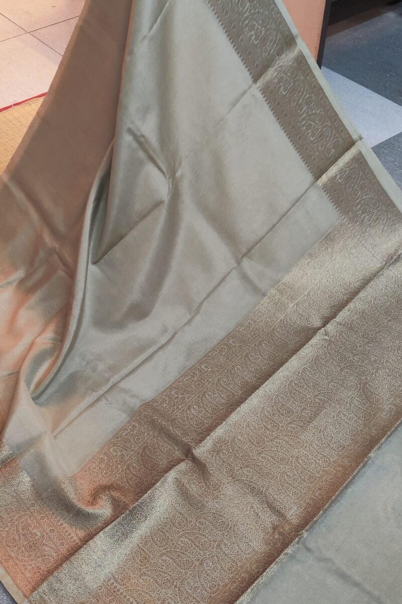 Banarasi Bloom: Pastel Olive Green Khadi Silk Saree with Muted Gold Karwa Banarasi Border - Image 6