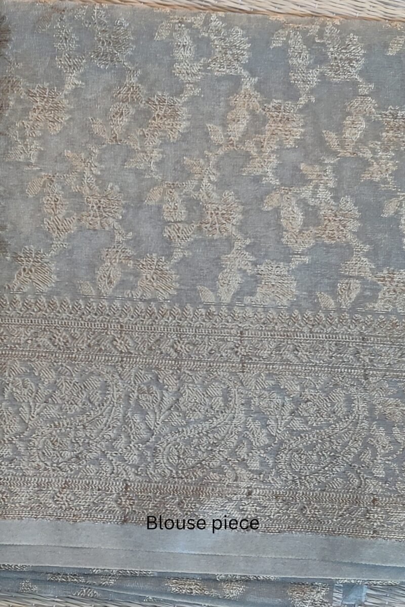 Banarasi Bloom: Pastel Olive Green Khadi Silk Saree with Muted Gold Karwa Banarasi Border - Image 8