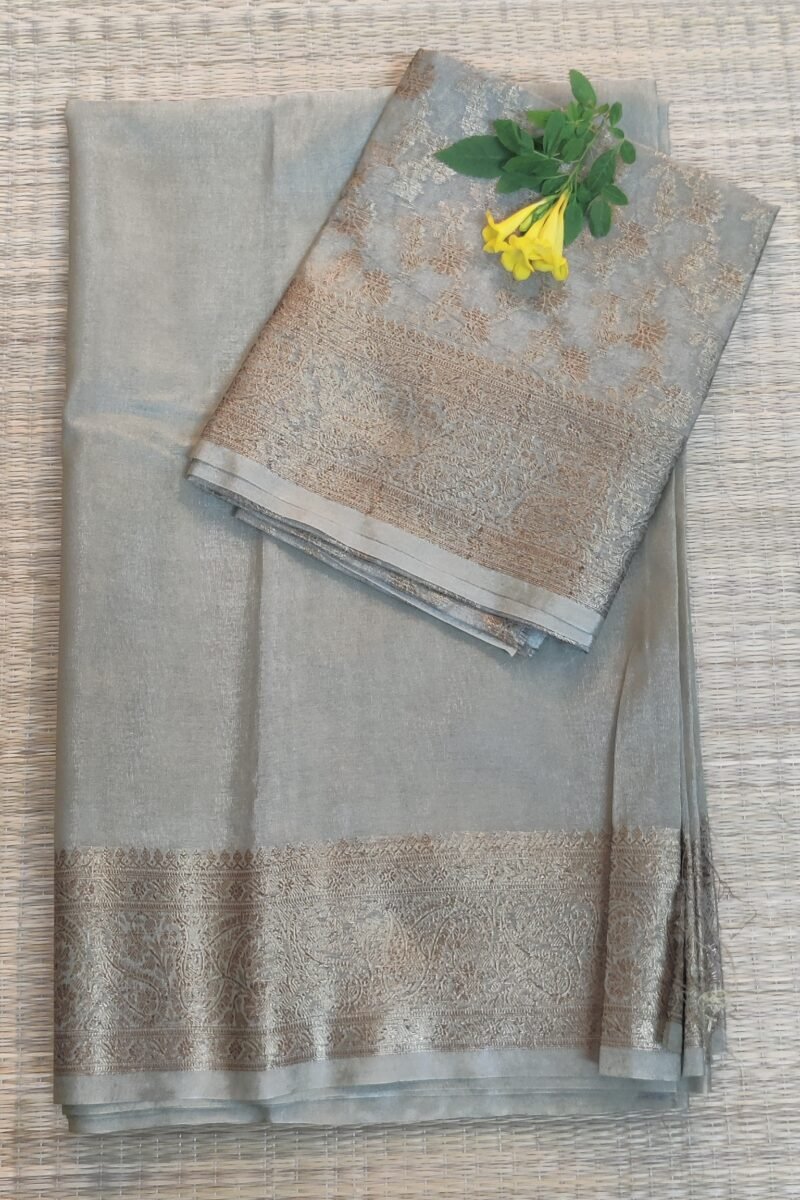 Banarasi Bloom: Pastel Olive Green Khadi Silk Saree with Muted Gold Karwa Banarasi Border