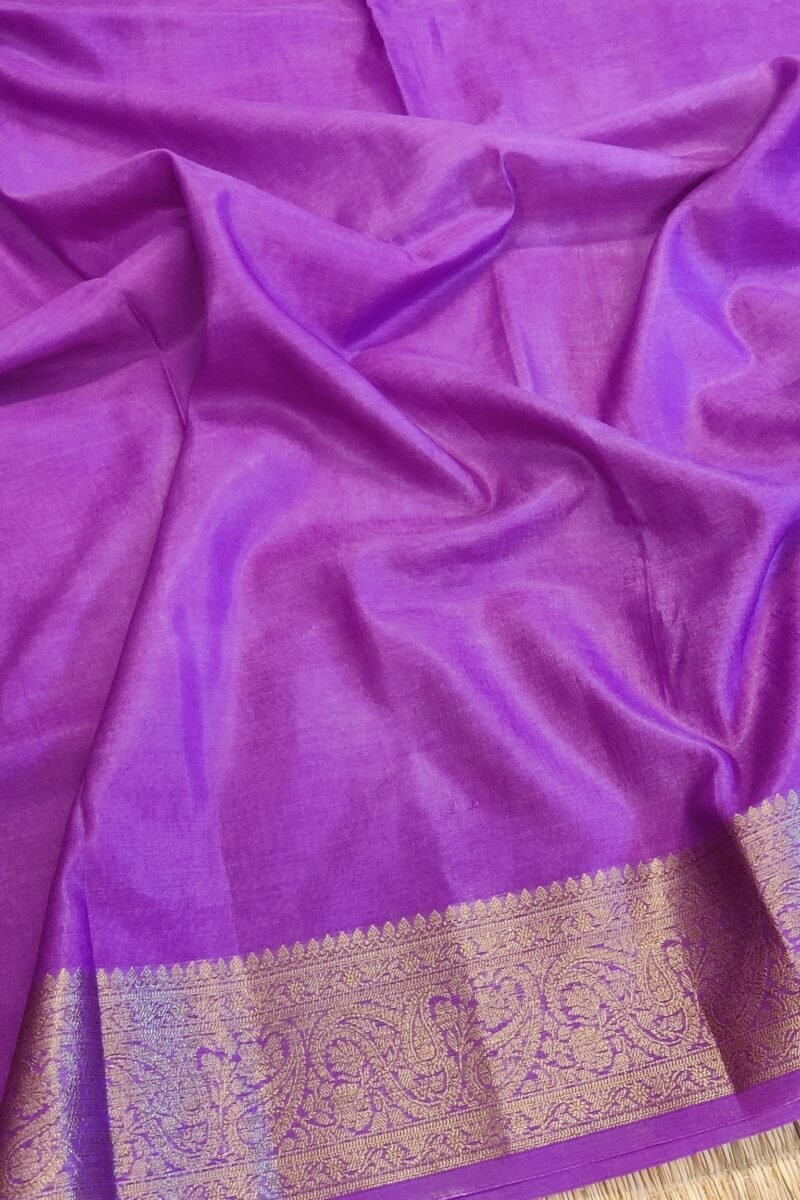 Banarasi Bloom: Violet Khadi Silk Saree with Muted Gold Karwa Banarasi Woven Border - Image 3