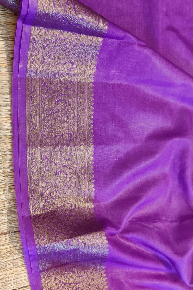 Banarasi Bloom: Violet Khadi Silk Saree with Muted Gold Karwa Banarasi Woven Border - Image 7