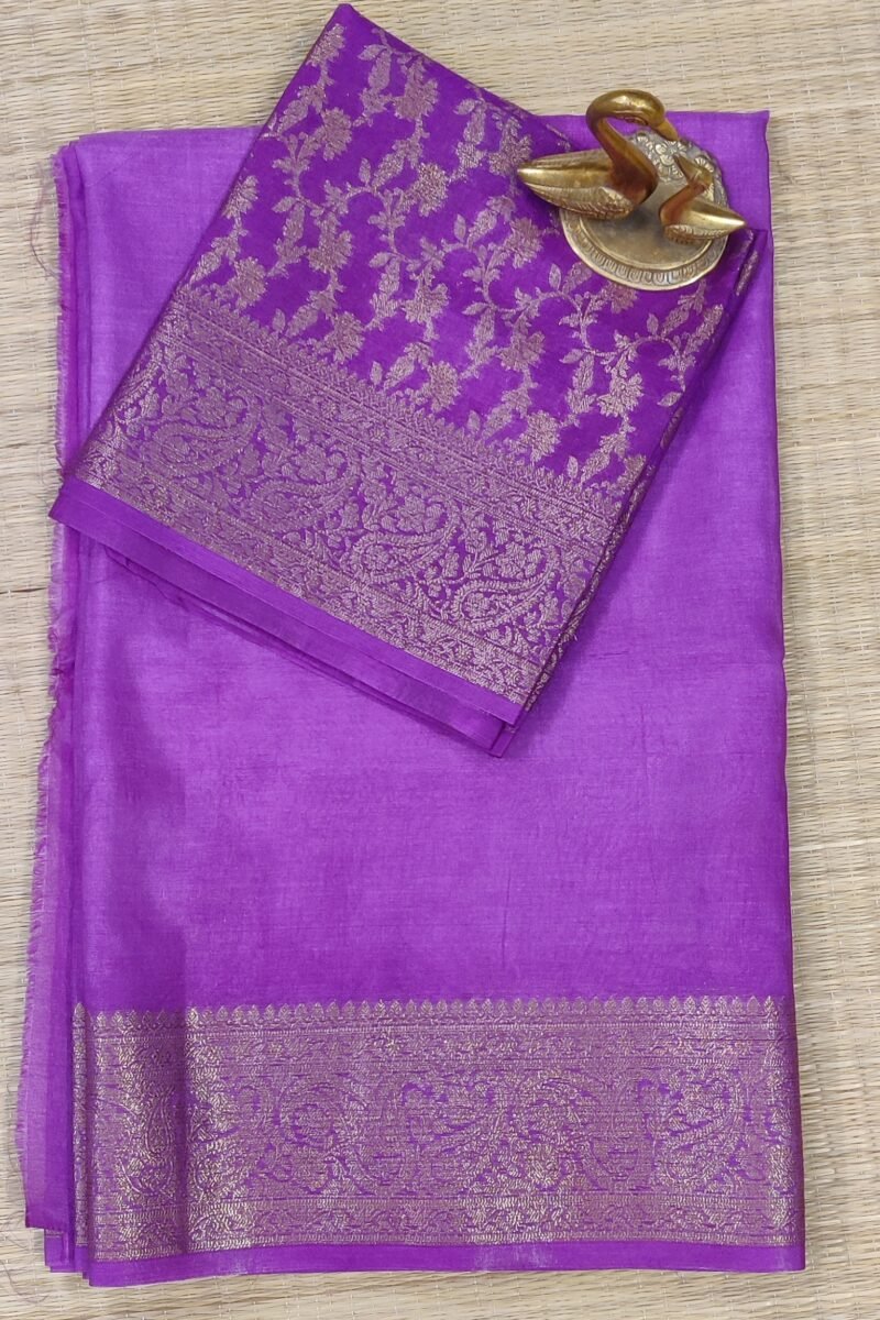 Banarasi Bloom: Violet Khadi Silk Saree with Muted Gold Karwa Banarasi Woven Border