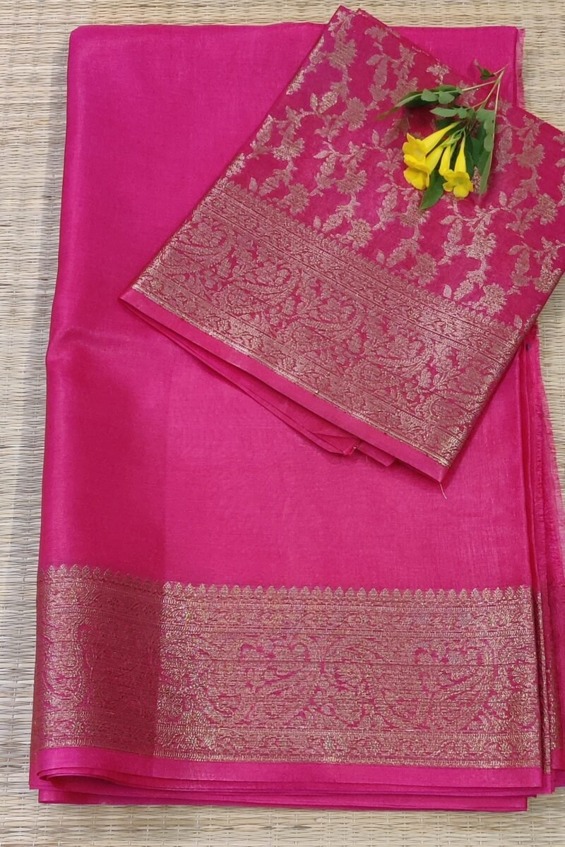 Banarasi Bloom: Pink Khadi Silk Saree with Muted Gold Karwa Banarasi Woven Border