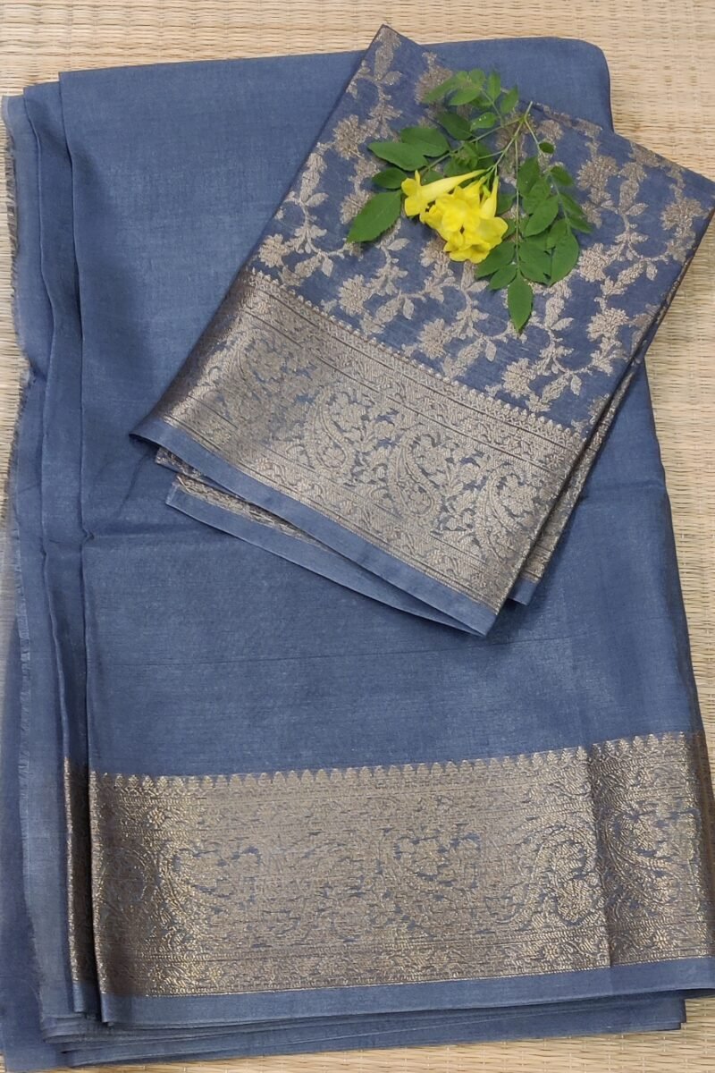 Banarasi Bloom: Grey Khadi Silk Saree with Muted Gold Karwa Banarasi Border