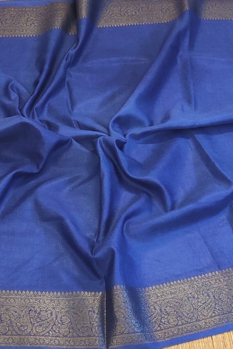 Banarasi Bloom: Greyish Blue Khadi Silk Saree with 4" Karwa Benarsi Weave Border and Muted Gold Pallu - Image 6