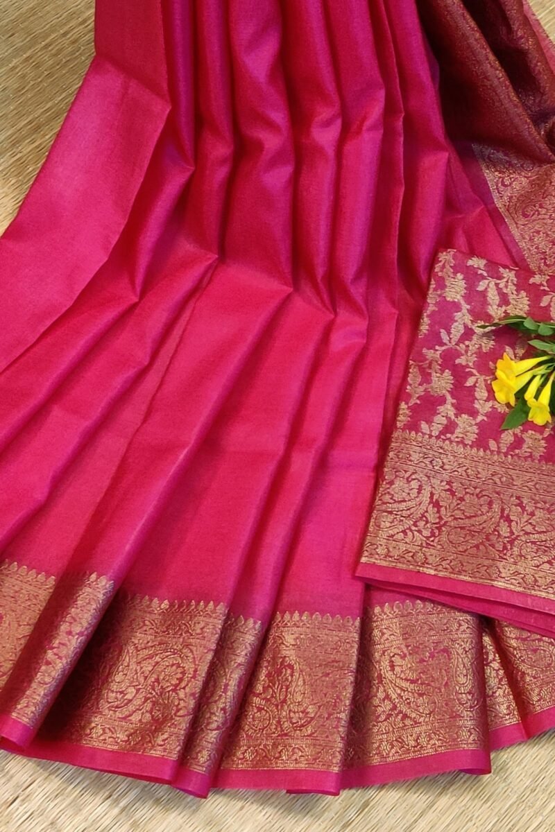 Banarasi Bloom: Tomato Pink Khadi Silk Saree with 4" Karwa Benarsi Weave Border and Muted Gold Pallu - Image 4