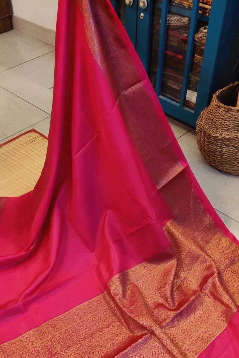 Banarasi Bloom: Tomato Pink Khadi Silk Saree with 4" Karwa Benarsi Weave Border and Muted Gold Pallu - Image 6