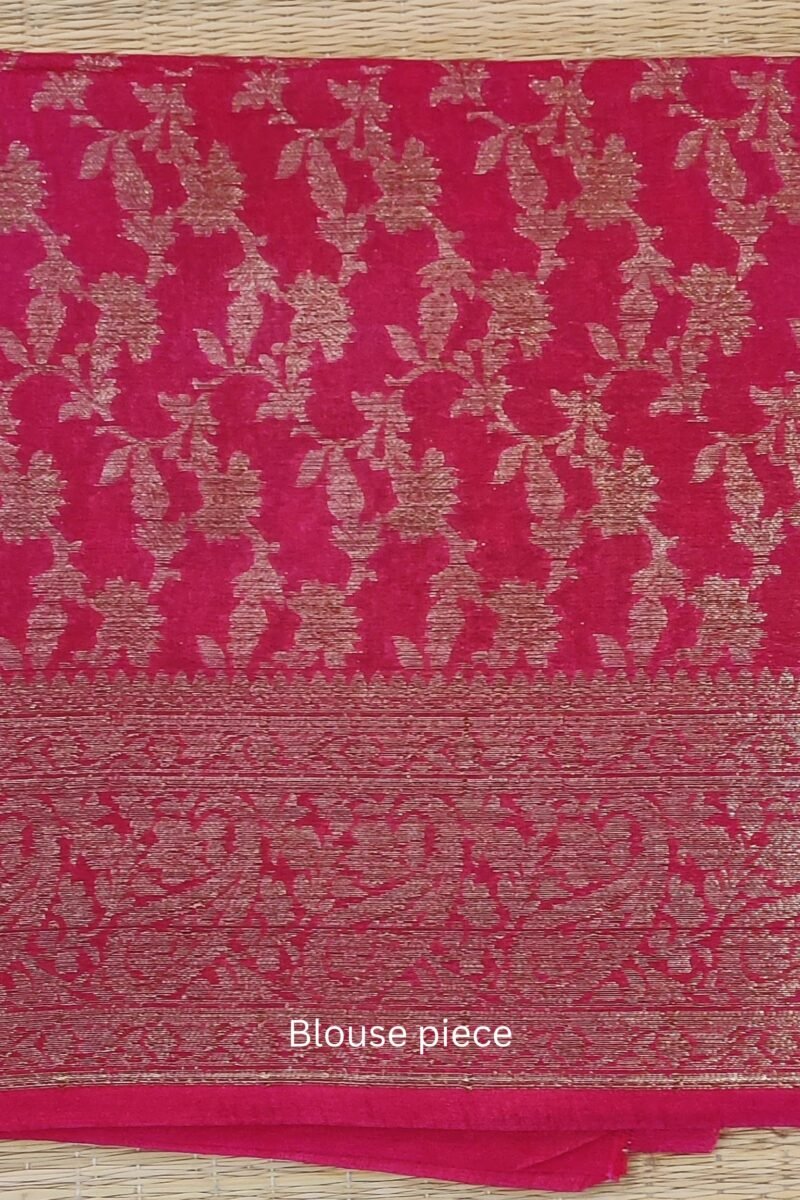 Banarasi Bloom: Tomato Pink Khadi Silk Saree with 4" Karwa Benarsi Weave Border and Muted Gold Pallu - Image 8