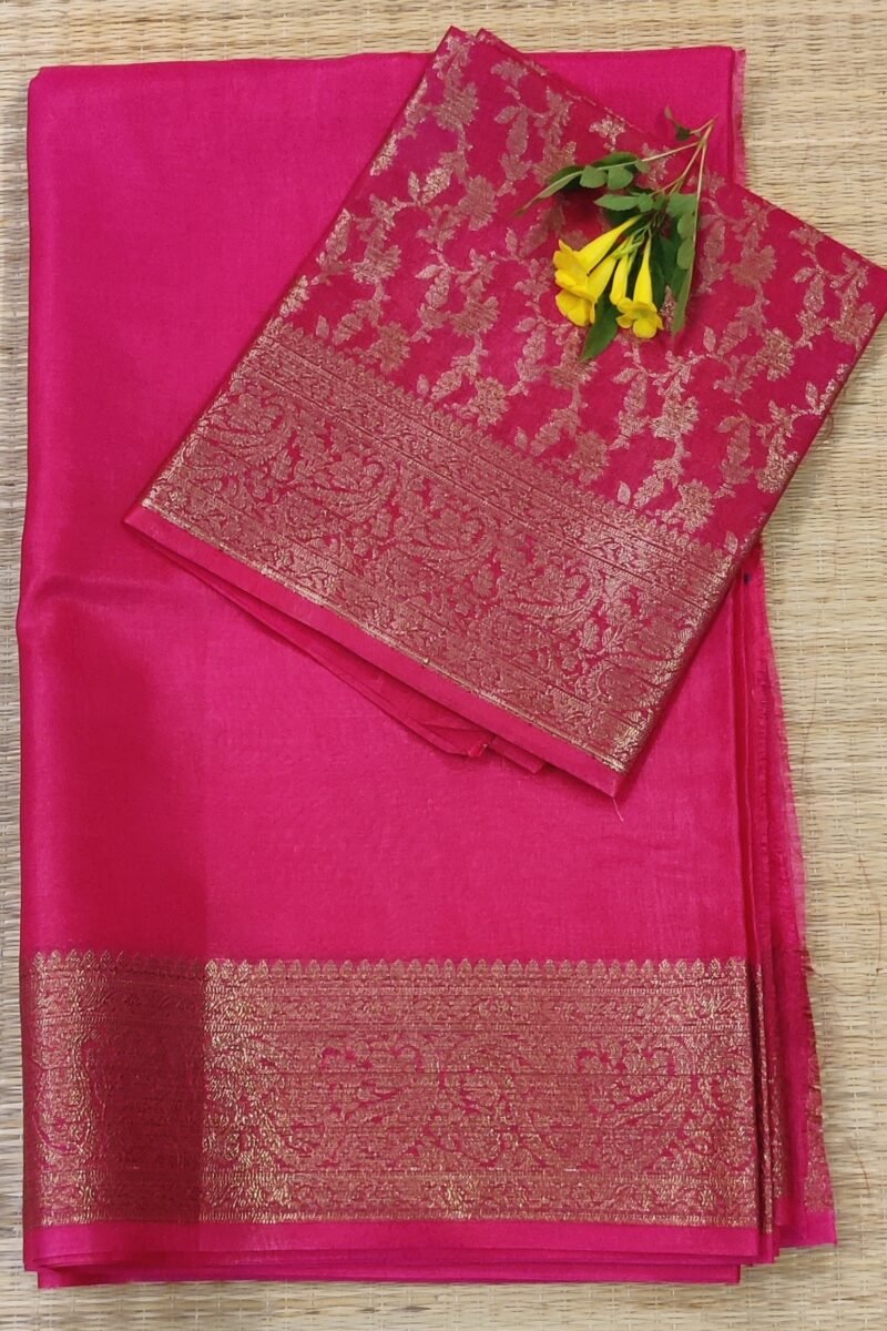 Banarasi Bloom: Tomato Pink Khadi Silk Saree with 4" Karwa Benarsi Weave Border and Muted Gold Pallu