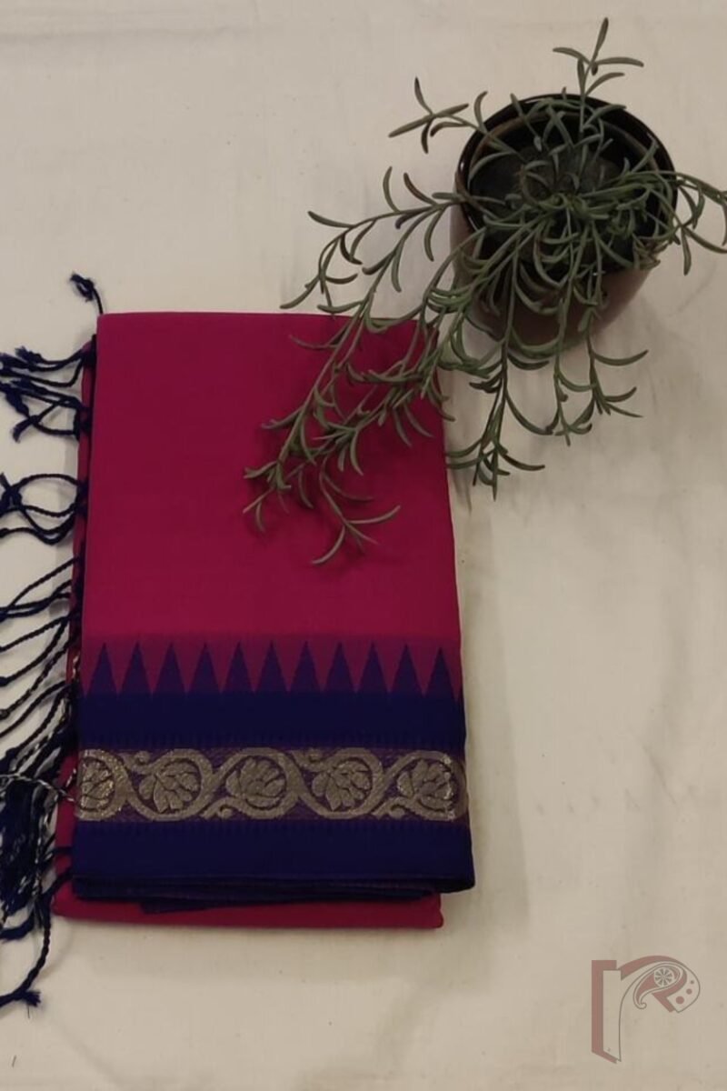 Cotton Chronicles: Vibrant Pink Mercerized Cotton Saree with Blue Border Gold Detailing and Striped Blue-Gold Pallu Saree - Image 2
