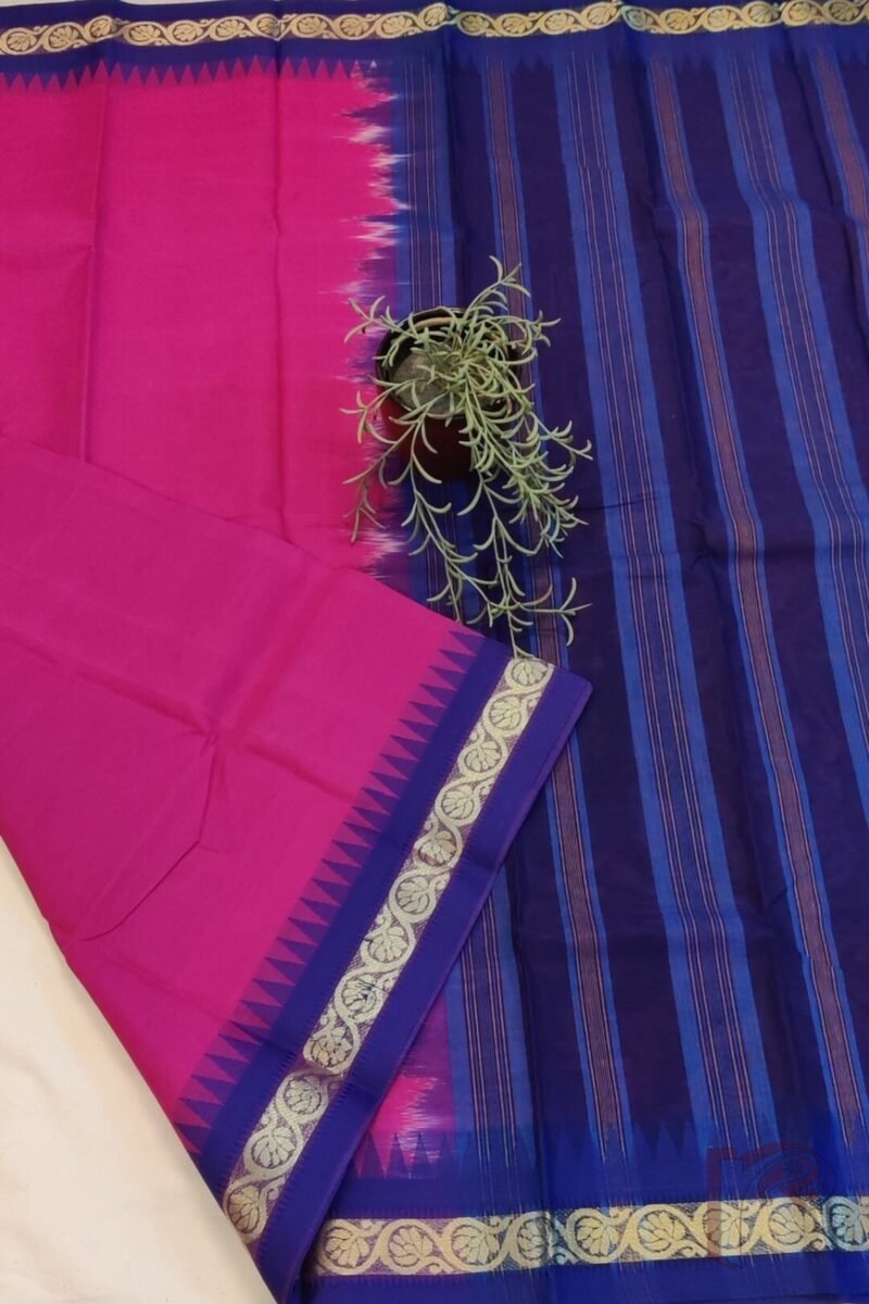 Cotton Chronicles: Vibrant Pink Mercerized Cotton Saree with Blue Border Gold Detailing and Striped Blue-Gold Pallu Saree - Image 3