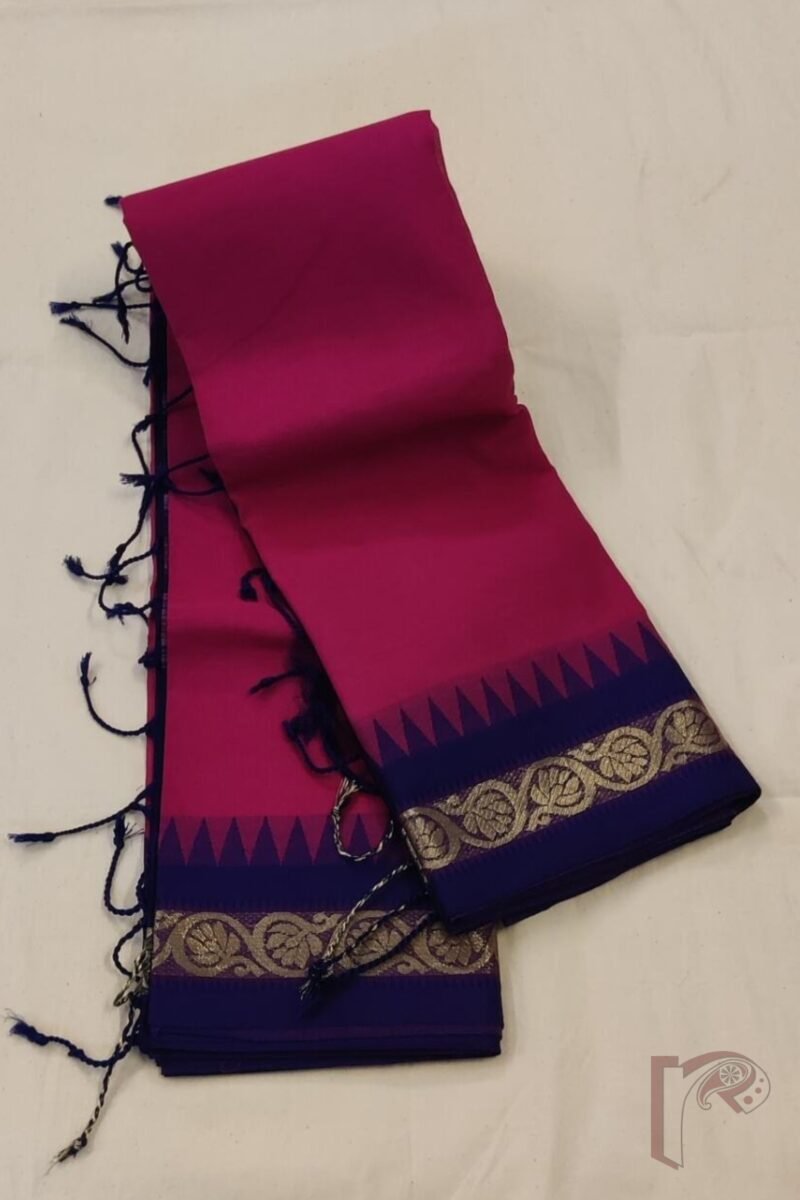 Cotton Chronicles: Vibrant Pink Mercerized Cotton Saree with Blue Border Gold Detailing and Striped Blue-Gold Pallu Saree - Image 4