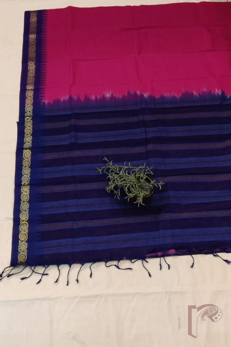 Cotton Chronicles: Vibrant Pink Mercerized Cotton Saree with Blue Border Gold Detailing and Striped Blue-Gold Pallu Saree - Image 5