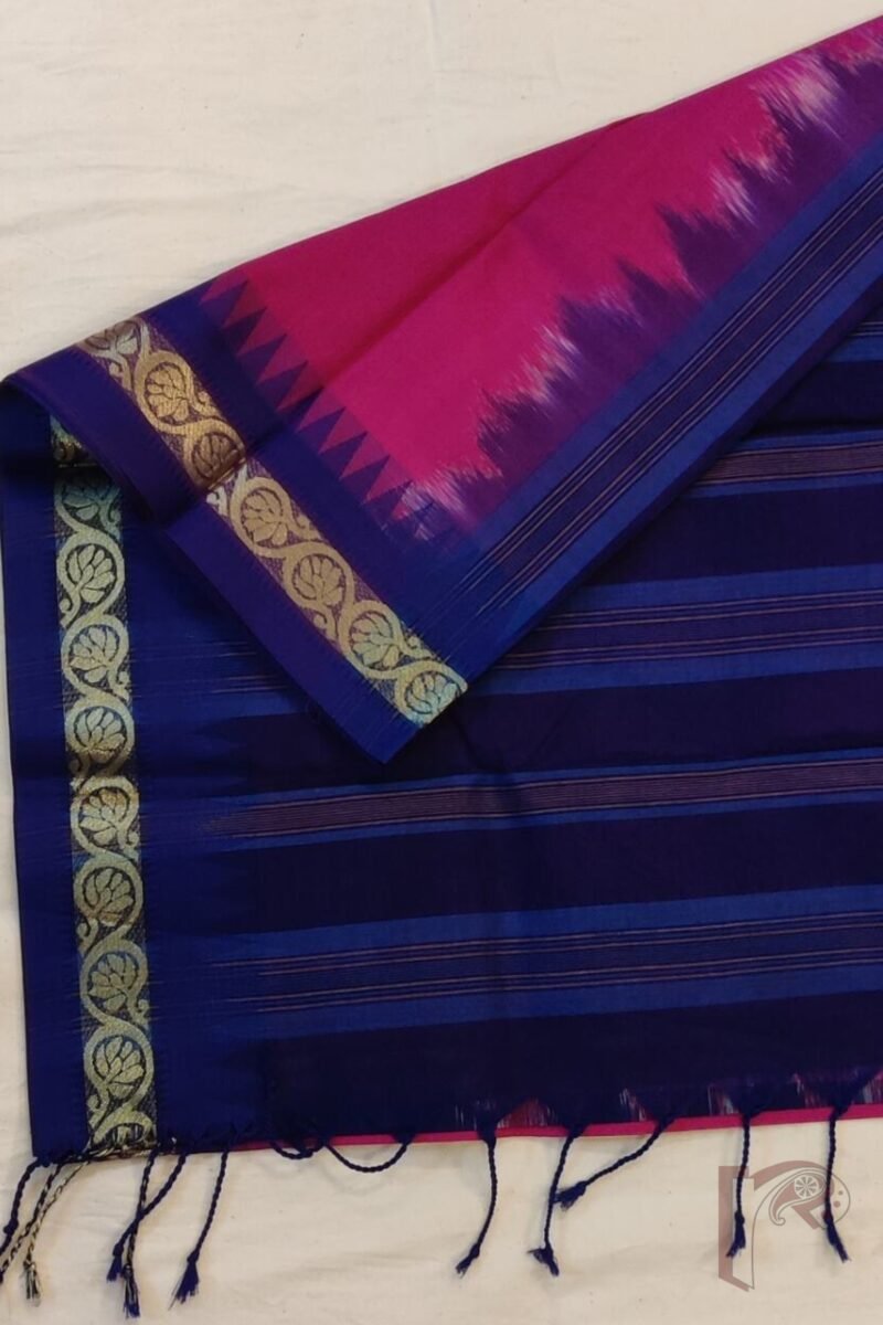 Cotton Chronicles: Vibrant Pink Mercerized Cotton Saree with Blue Border Gold Detailing and Striped Blue-Gold Pallu Saree - Image 6