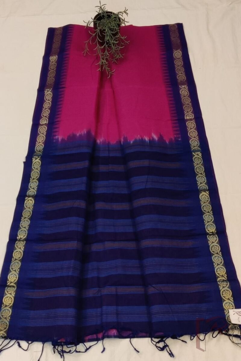 Cotton Chronicles: Vibrant Pink Mercerized Cotton Saree with Blue Border Gold Detailing and Striped Blue-Gold Pallu Saree