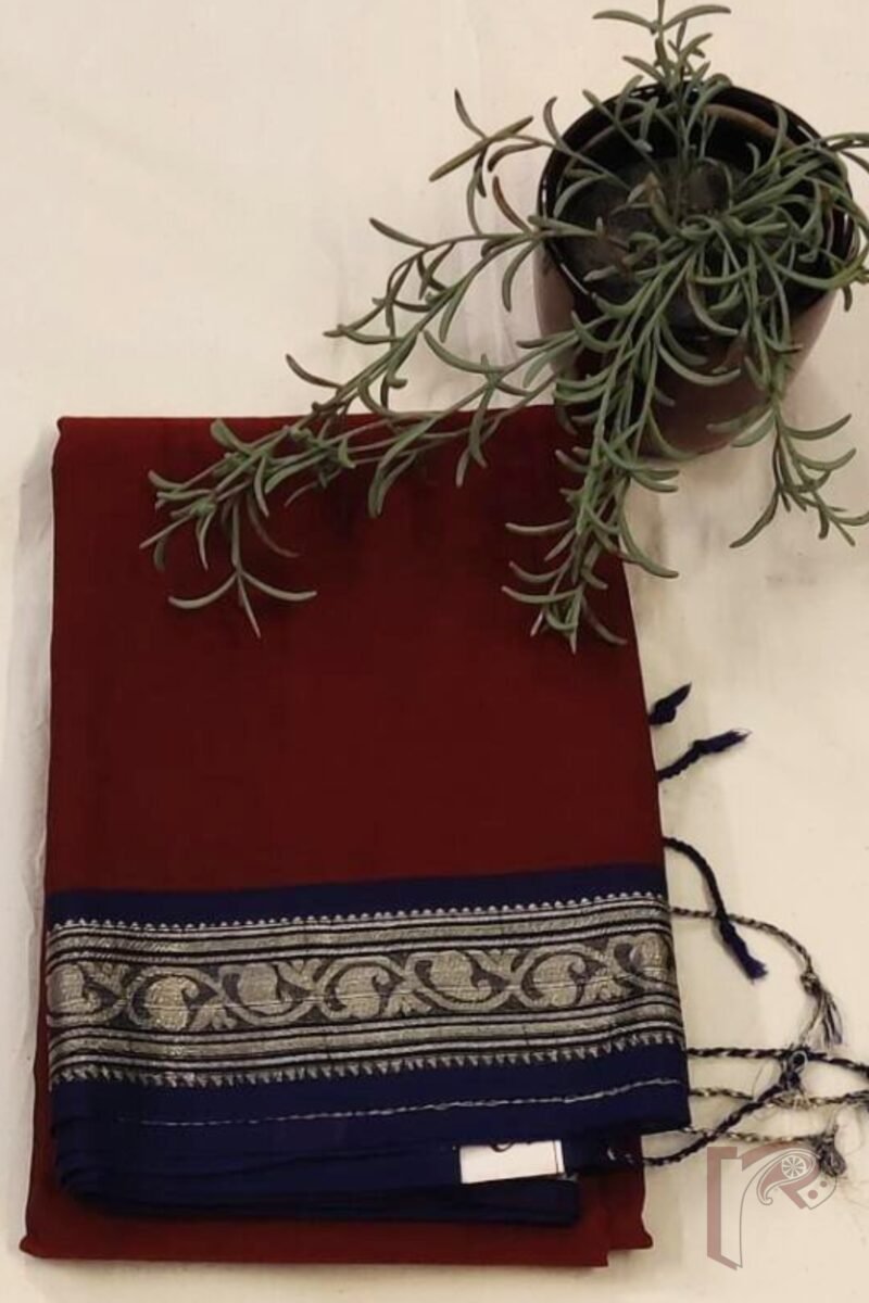 Cotton Chronicles: Rich Maroon Mercerized Cotton Saree with Navy Blue Border, Gold Detailing, and Striped Blue-Gold Pallu - Image 2