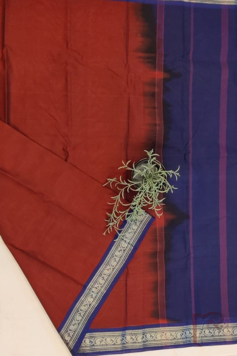 Cotton Chronicles: Rich Maroon Mercerized Cotton Saree with Navy Blue Border, Gold Detailing, and Striped Blue-Gold Pallu - Image 3