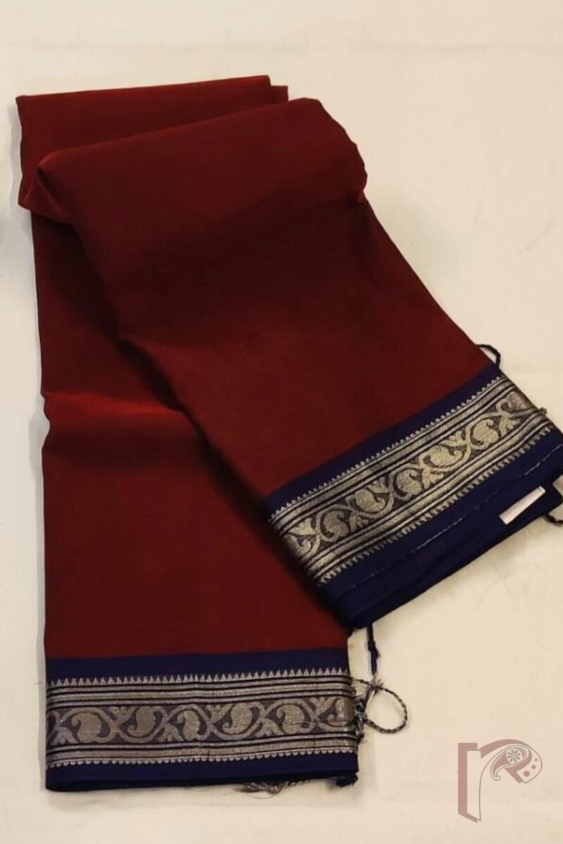 Cotton Chronicles: Rich Maroon Mercerized Cotton Saree with Navy Blue Border, Gold Detailing, and Striped Blue-Gold Pallu - Image 4