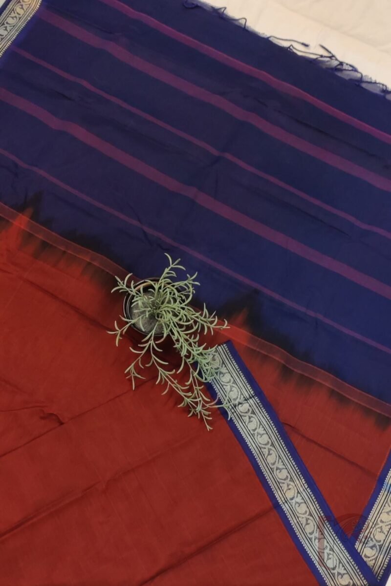 Cotton Chronicles: Rich Maroon Mercerized Cotton Saree with Navy Blue Border, Gold Detailing, and Striped Blue-Gold Pallu - Image 5