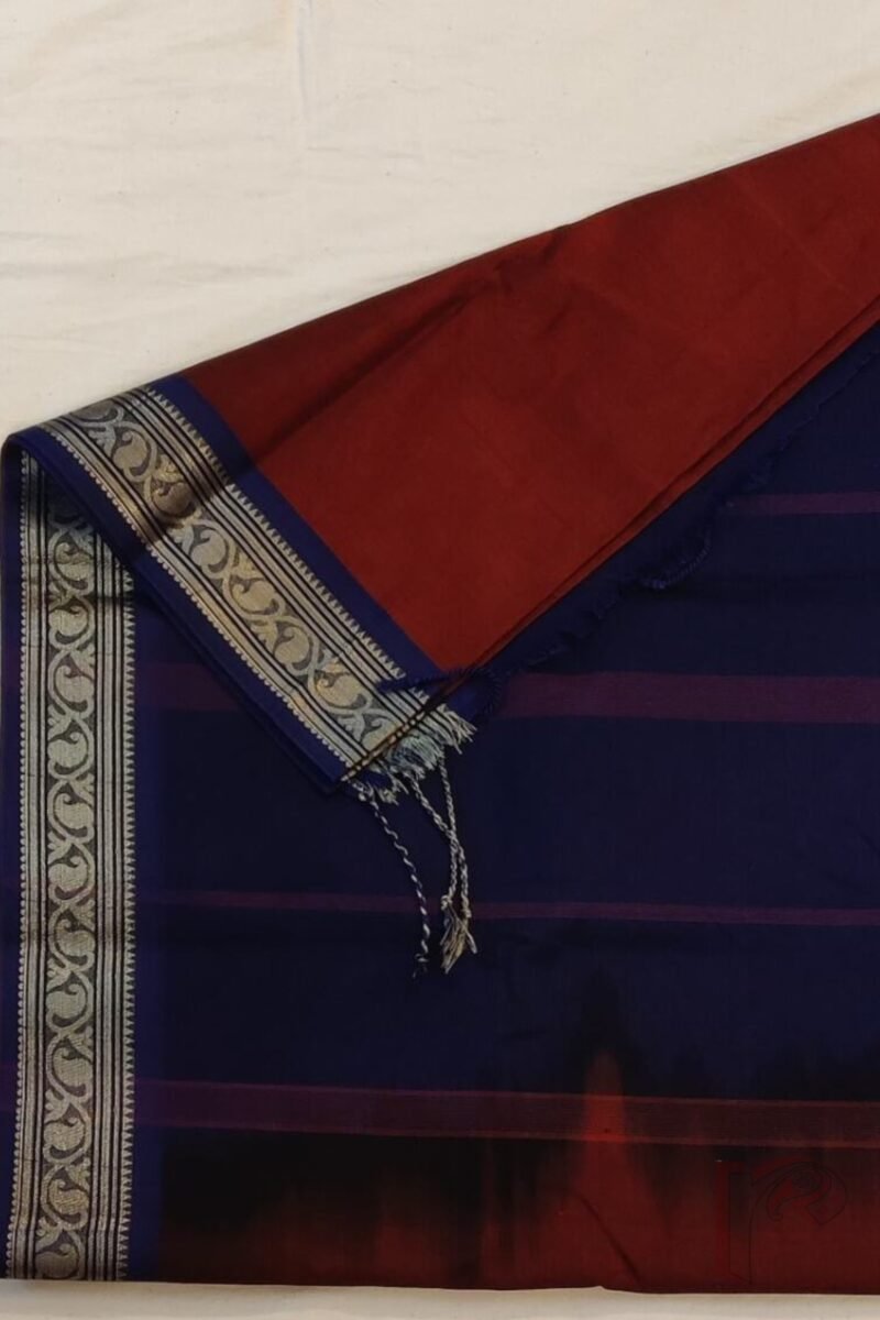 Cotton Chronicles: Rich Maroon Mercerized Cotton Saree with Navy Blue Border, Gold Detailing, and Striped Blue-Gold Pallu - Image 6