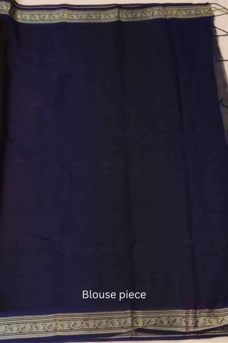 Cotton Chronicles: Rich Maroon Mercerized Cotton Saree with Navy Blue Border, Gold Detailing, and Striped Blue-Gold Pallu - Image 7
