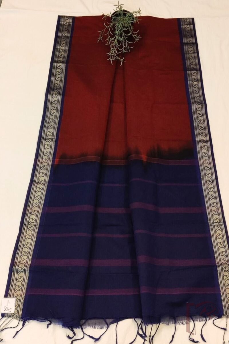 Cotton Chronicles: Rich Maroon Mercerized Cotton Saree with Navy Blue Border, Gold Detailing, and Striped Blue-Gold Pallu