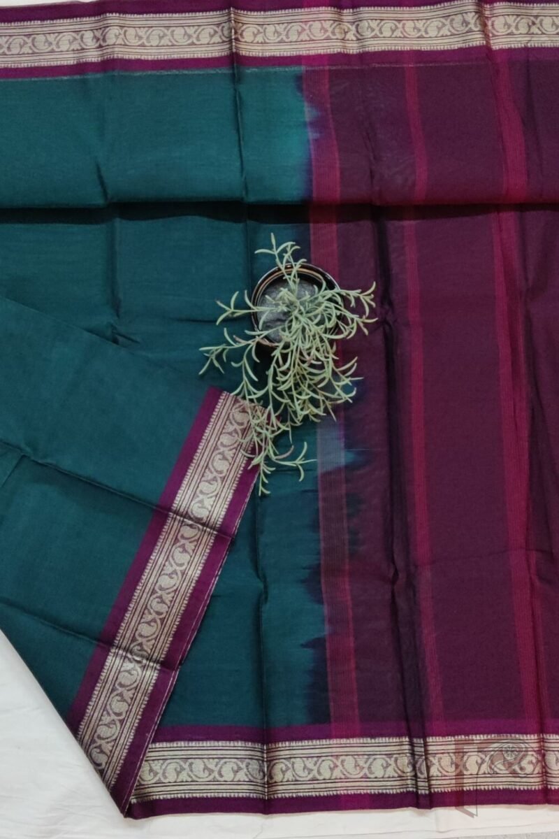 Cotton Chronicles: Dark Green Mercerized Cotton Saree with Wine Border, Gold Motifs, and Striped Wine-Gold Pallu - Image 2