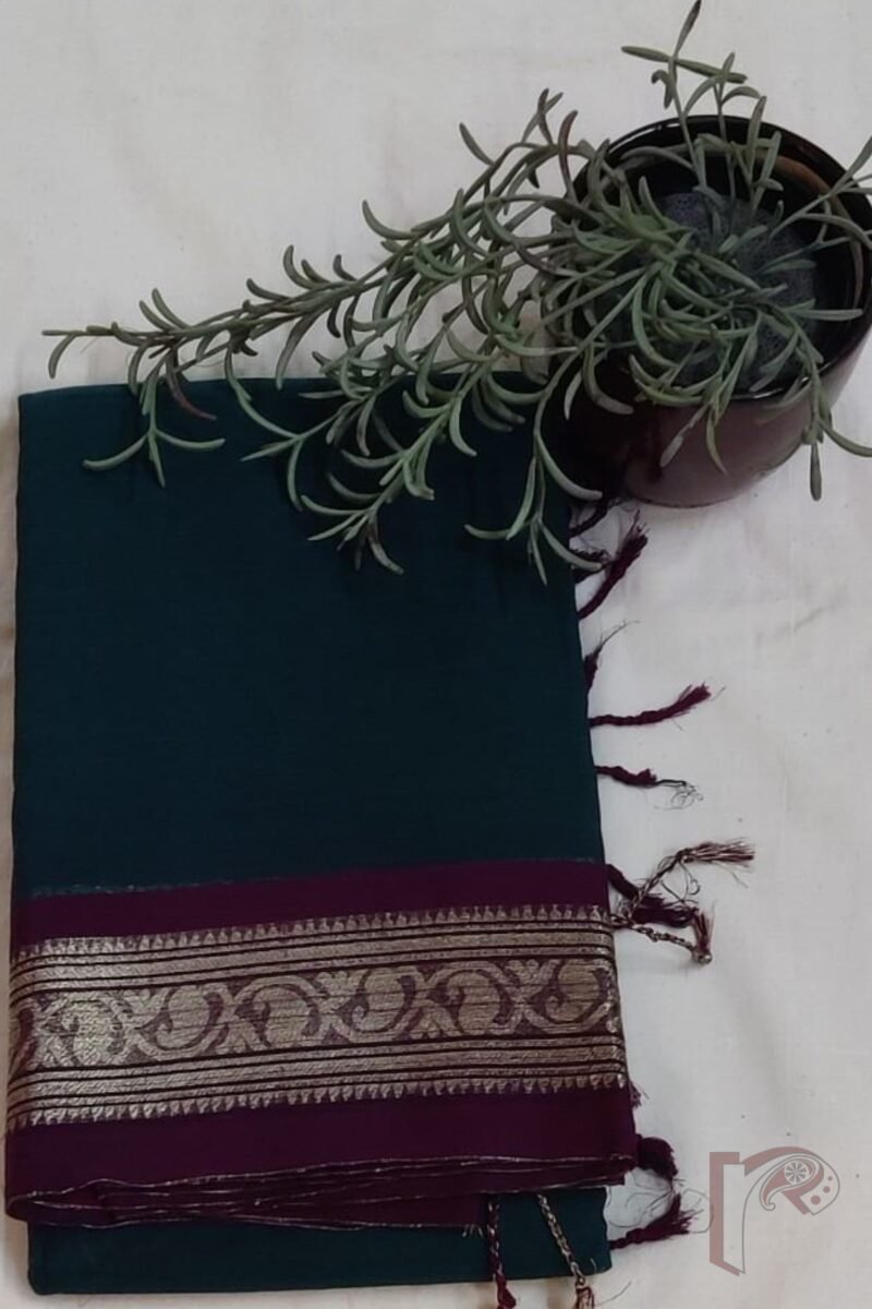 Cotton Chronicles: Dark Green Mercerized Cotton Saree with Wine Border, Gold Motifs, and Striped Wine-Gold Pallu - Image 3