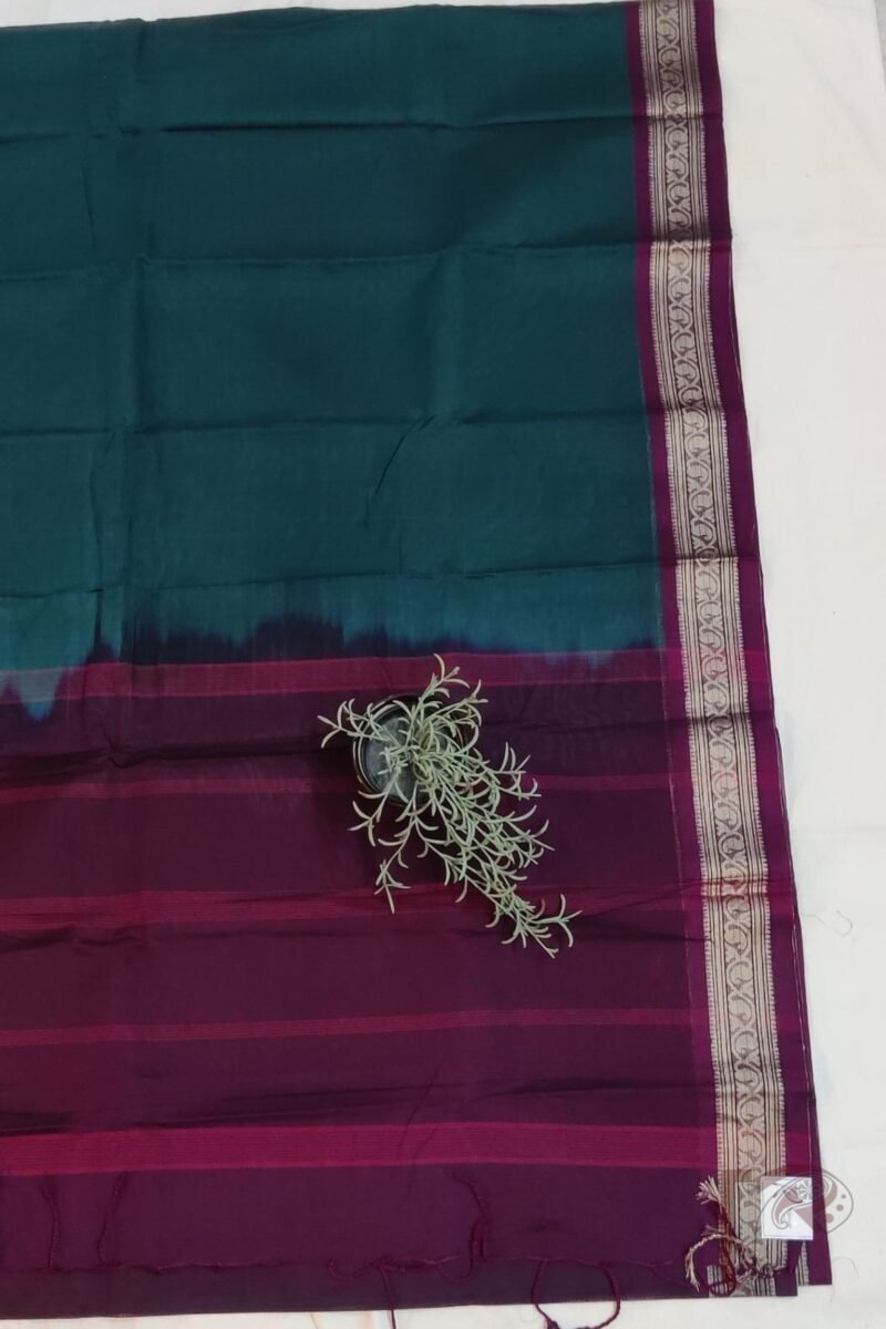 Cotton Chronicles: Dark Green Mercerized Cotton Saree with Wine Border, Gold Motifs, and Striped Wine-Gold Pallu - Image 4