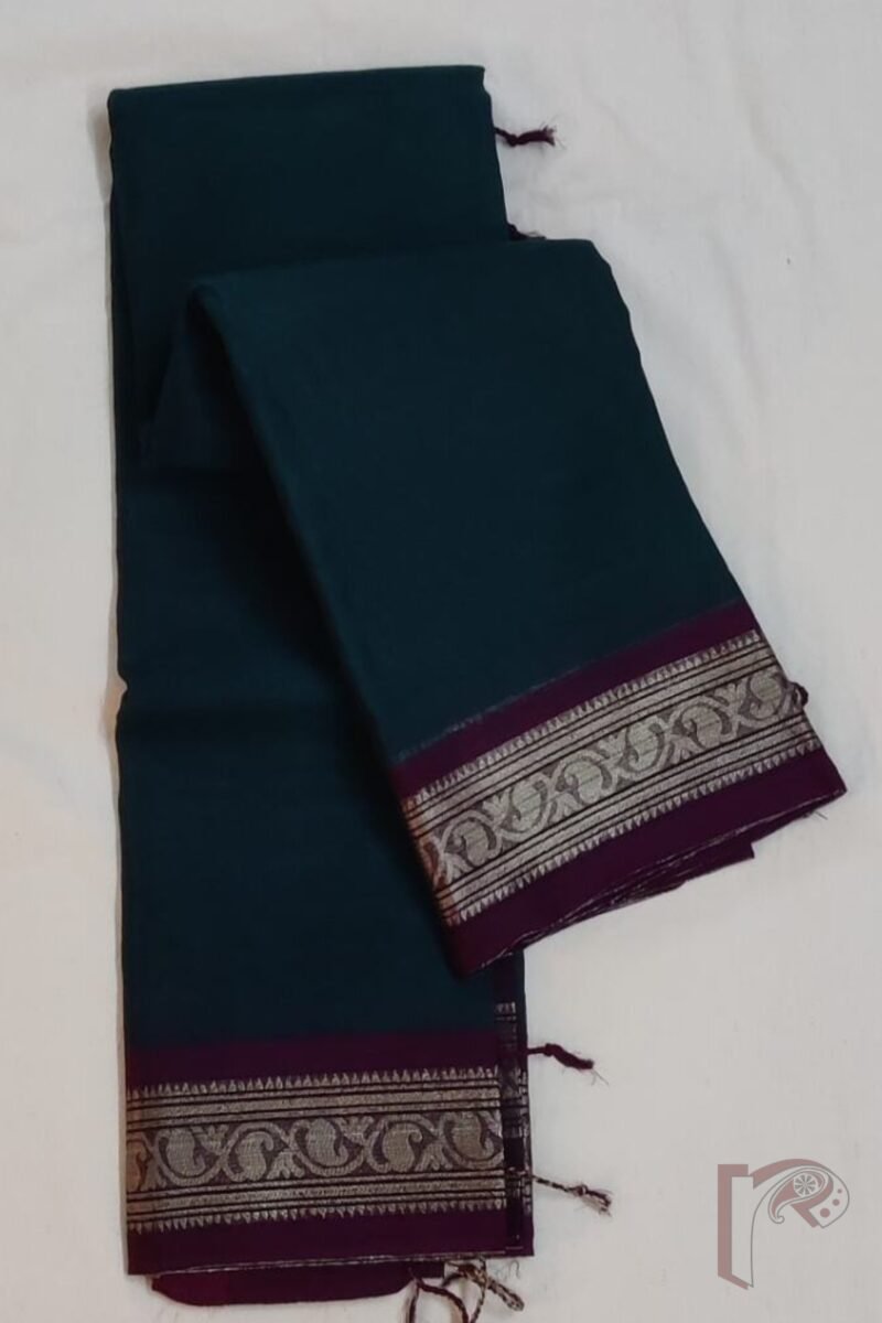 Cotton Chronicles: Dark Green Mercerized Cotton Saree with Wine Border, Gold Motifs, and Striped Wine-Gold Pallu - Image 5
