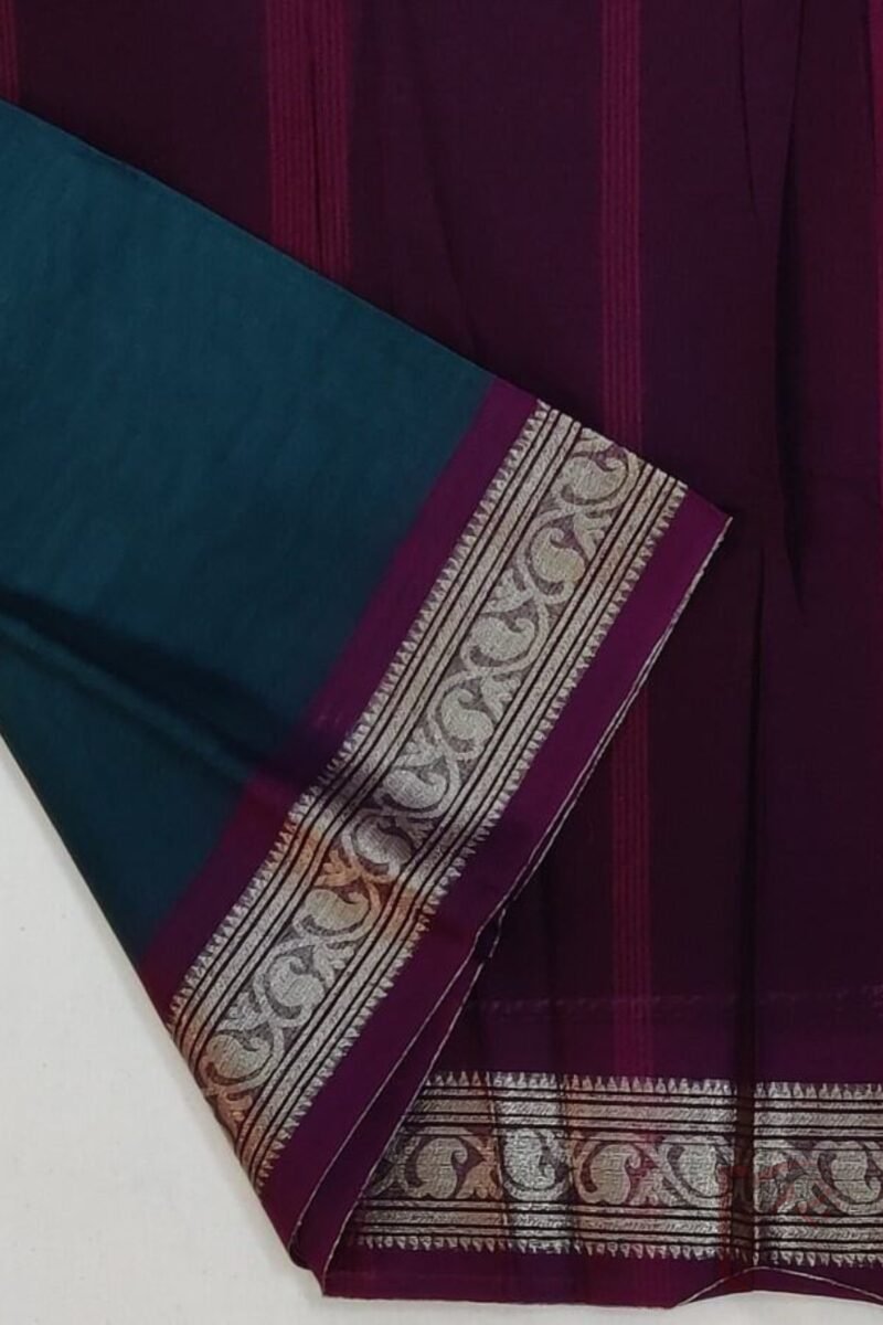 Cotton Chronicles: Dark Green Mercerized Cotton Saree with Wine Border, Gold Motifs, and Striped Wine-Gold Pallu - Image 6