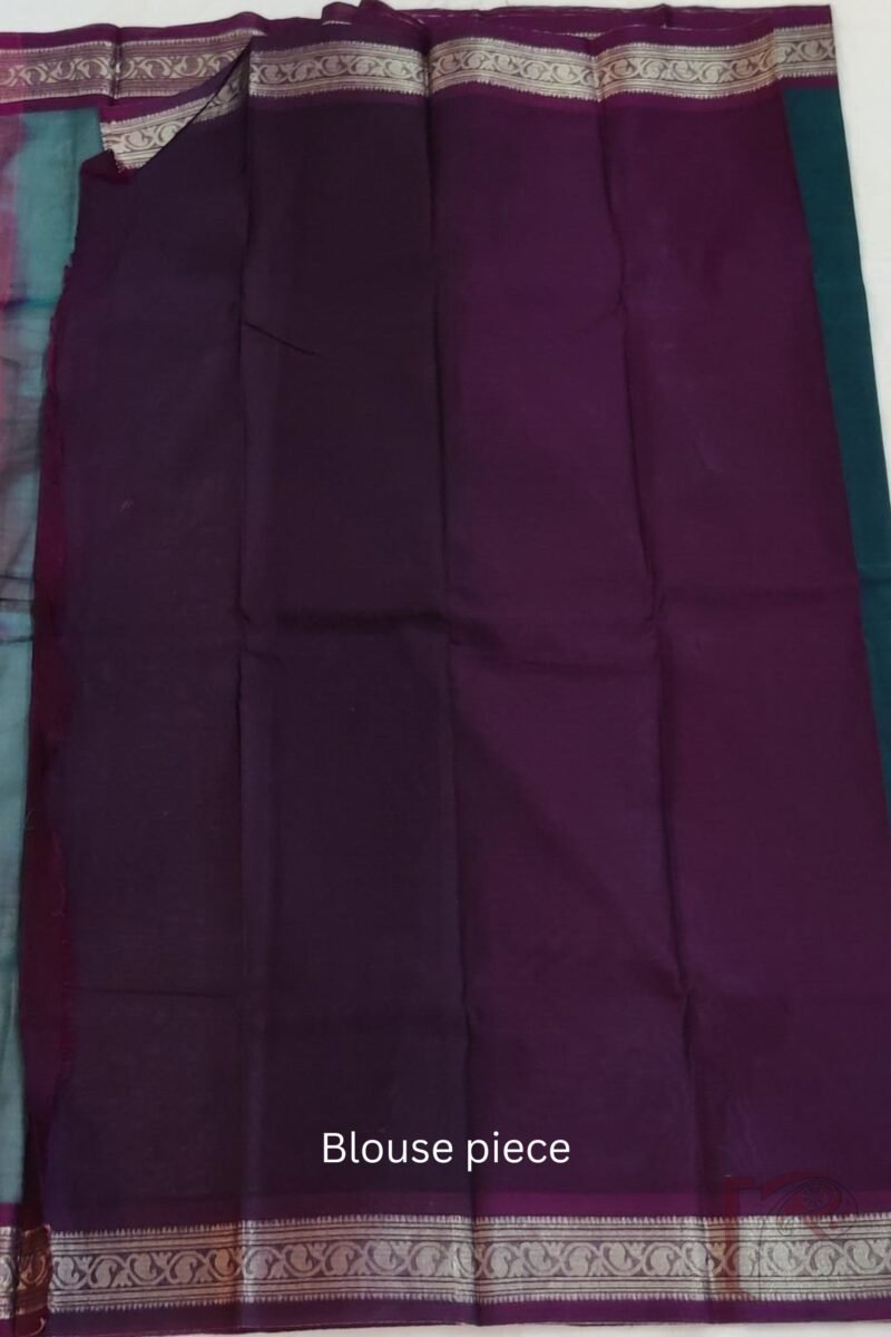 Cotton Chronicles: Dark Green Mercerized Cotton Saree with Wine Border, Gold Motifs, and Striped Wine-Gold Pallu - Image 7
