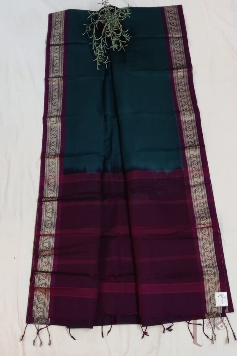 Cotton Chronicles: Dark Green Mercerized Cotton Saree with Wine Border, Gold Motifs, and Striped Wine-Gold Pallu