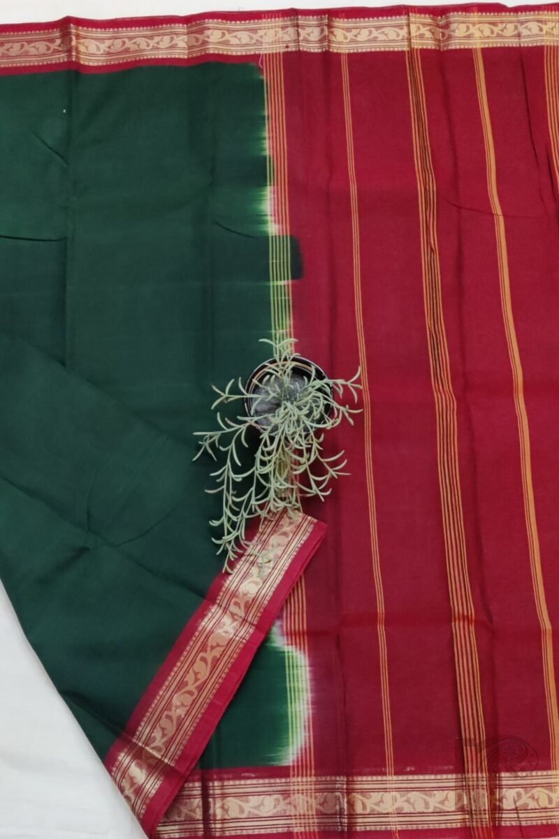 Cotton Chronicles: Bottle Green Mercerized Cotton Saree with Maroon Border, Gold Detailing, and Striped Maroon-Gold Pallu - Image 3