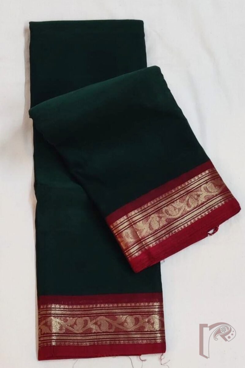 Cotton Chronicles: Bottle Green Mercerized Cotton Saree with Maroon Border, Gold Detailing, and Striped Maroon-Gold Pallu - Image 4