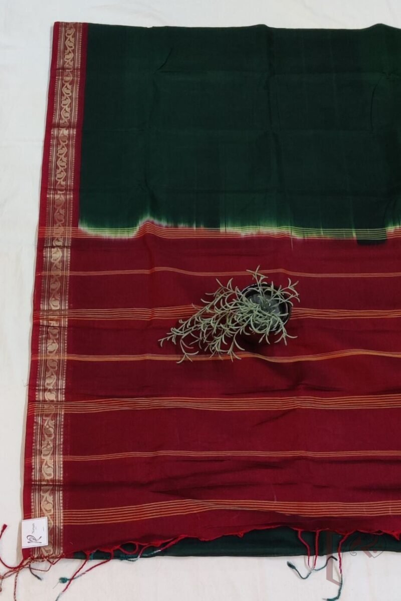 Cotton Chronicles: Bottle Green Mercerized Cotton Saree with Maroon Border, Gold Detailing, and Striped Maroon-Gold Pallu - Image 5