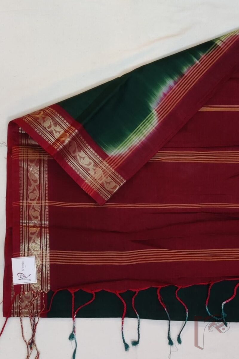 Cotton Chronicles: Bottle Green Mercerized Cotton Saree with Maroon Border, Gold Detailing, and Striped Maroon-Gold Pallu - Image 6