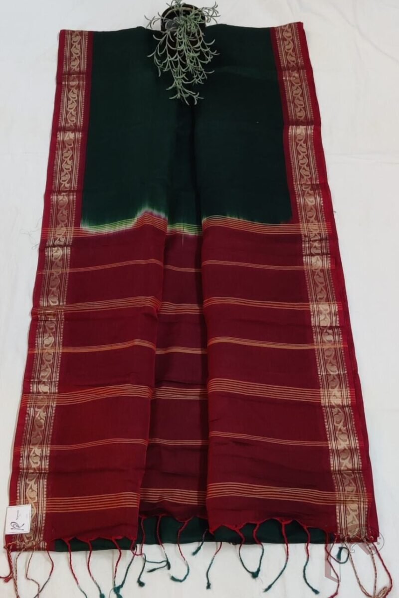 Cotton Chronicles: Bottle Green Mercerized Cotton Saree with Maroon Border, Gold Detailing, and Striped Maroon-Gold Pallu